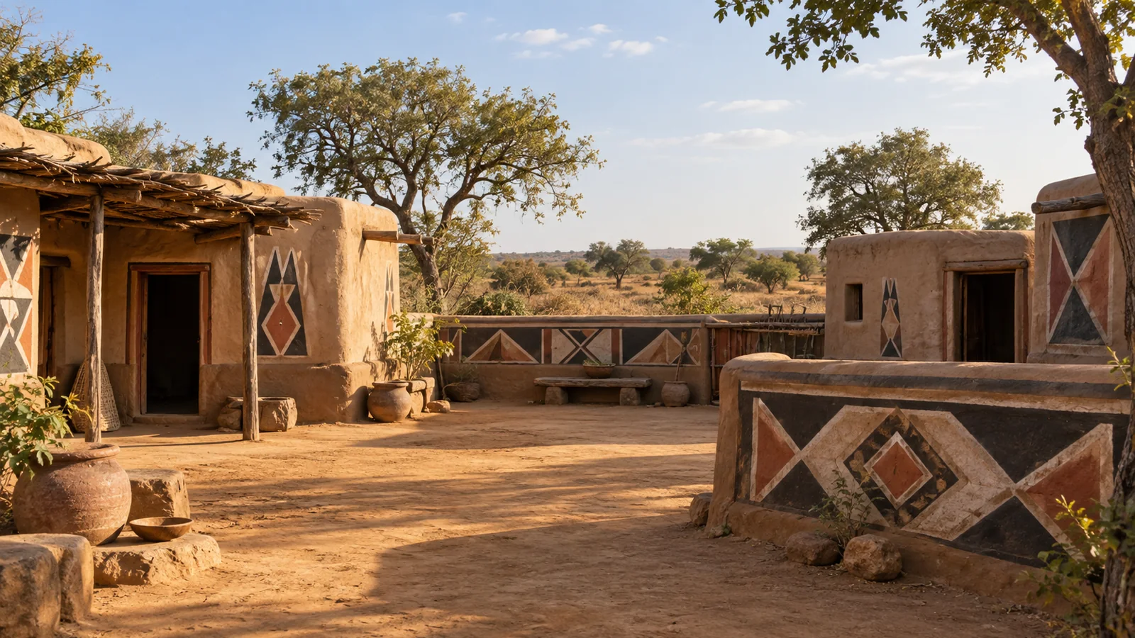 Illustrazione in stile fotografico ispirata al Burkina Faso: un cortile in terra battuta con pareti dipinte a motivi geometrici e alberi della savana in una luce calda.