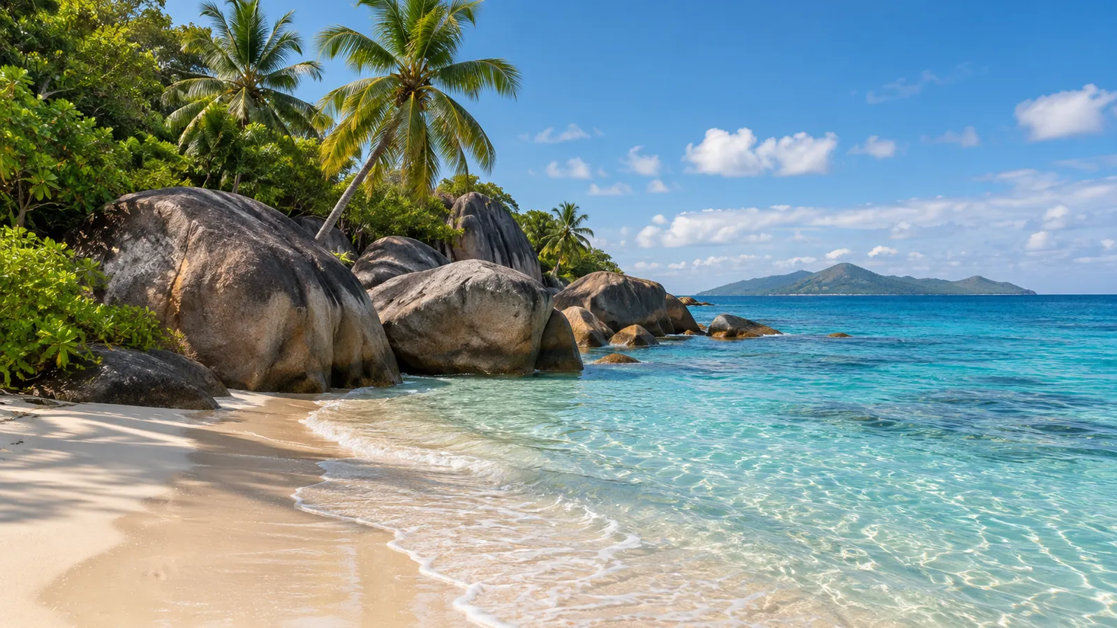 Fotorealistische Illustration nach dem Vorbild der Seychellen: ein Sandstrand mit abgerundeten Granitfelsen, Kokospalmen und klarem türkisfarbenem Wasser im warmen Tageslicht.