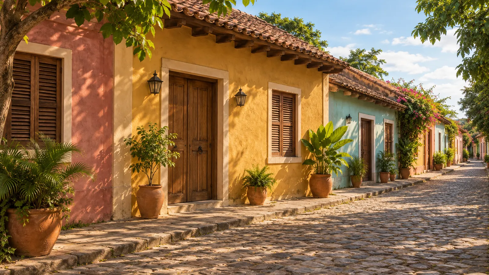 Illustrazione in stile fotografico ispirata a Granada, Nicaragua: case basse con intonaci colorati, porte e persiane in legno, tetti in tegole di argilla, piante verdi in vaso e un vicolo acciottolato.