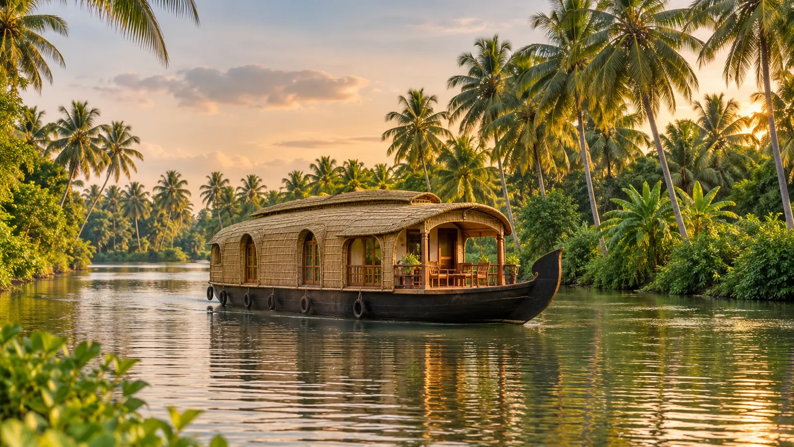 Fotorealistische Illustration nach dem Vorbild von Kerala: ein hölzernes Hausboot mit gewölbtem Flechtdach auf ruhigem Wasser, Kokospalmen an grünen Ufern und warme Spiegelungen.