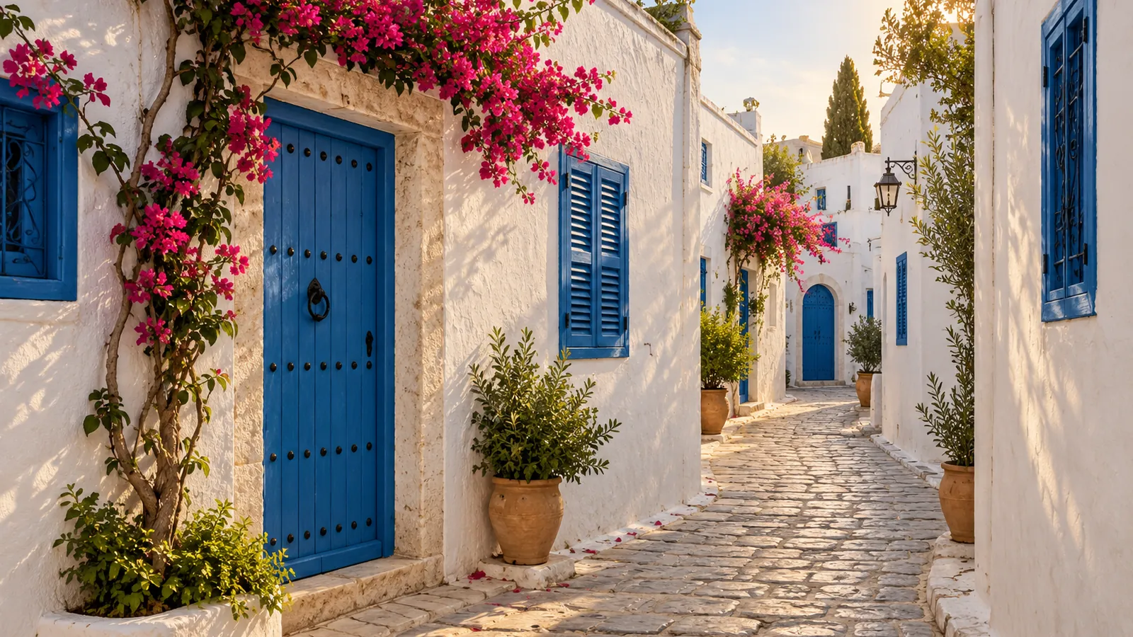 Illustrazione in stile fotografico ispirata a Sidi Bou Said: un vicolo lastricato in pietra, muri imbiancati a calce, persiane e porte di legno blu, buganvillea rosa e piante in vaso sotto una luce calda.