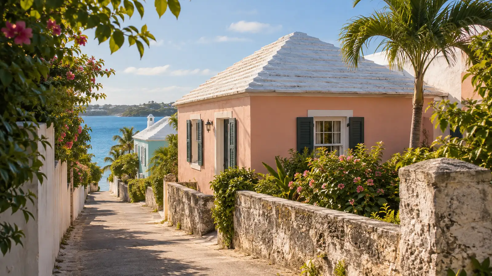 Von Bermuda inspirierte Illustration einer Gasse neben pastellfarbenen Häusern mit weißen Stufendächern, einer niedrigen Steinmauer, üppigen Gärten und einem Blick aufs blaue Meer.