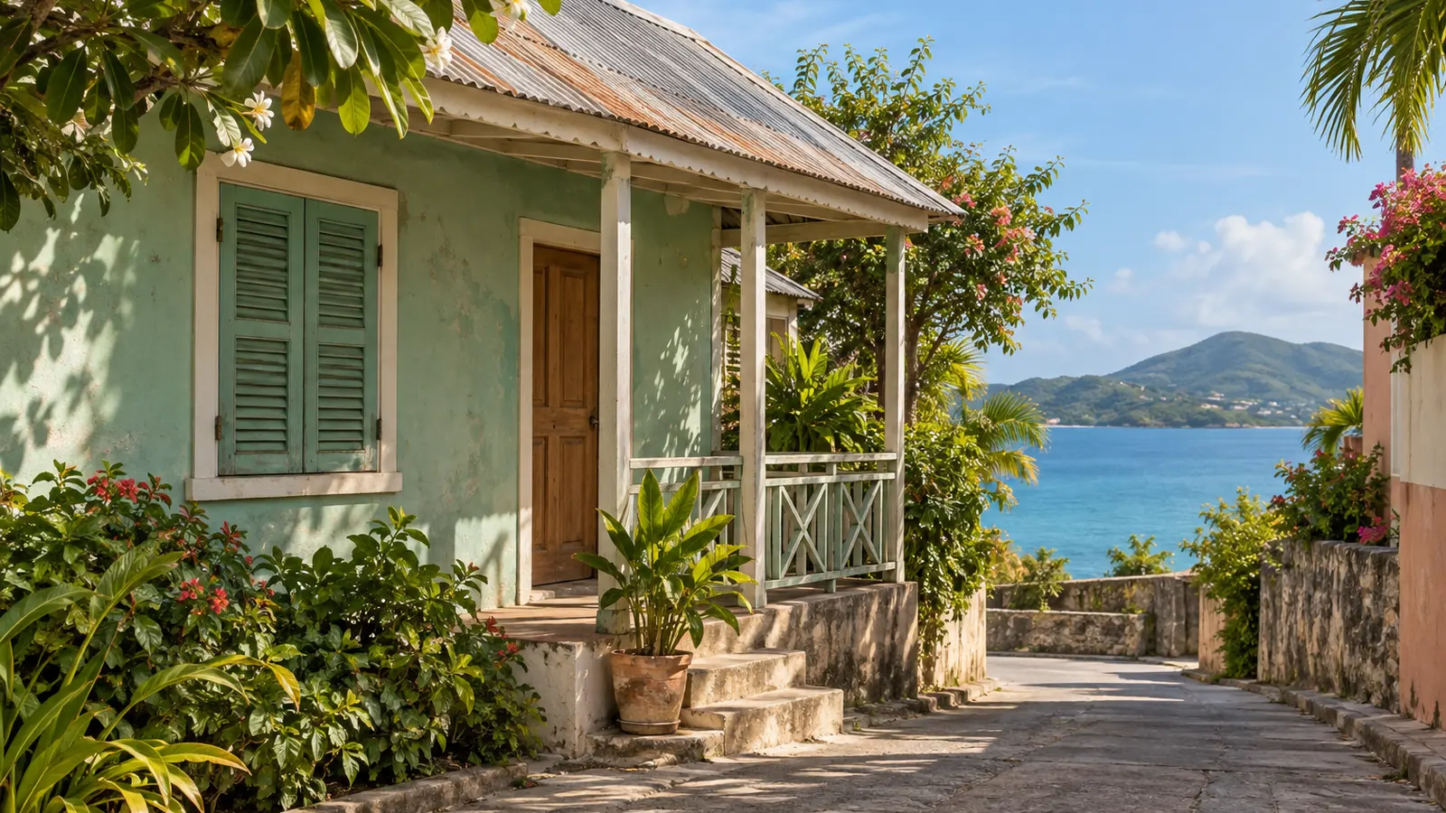 Photo-like illustration inspired by Marigot in French Saint-Martin: a pale green plaster house with a shaded porch, wooden door and greenery beside a paved lane overlooking a blue bay.