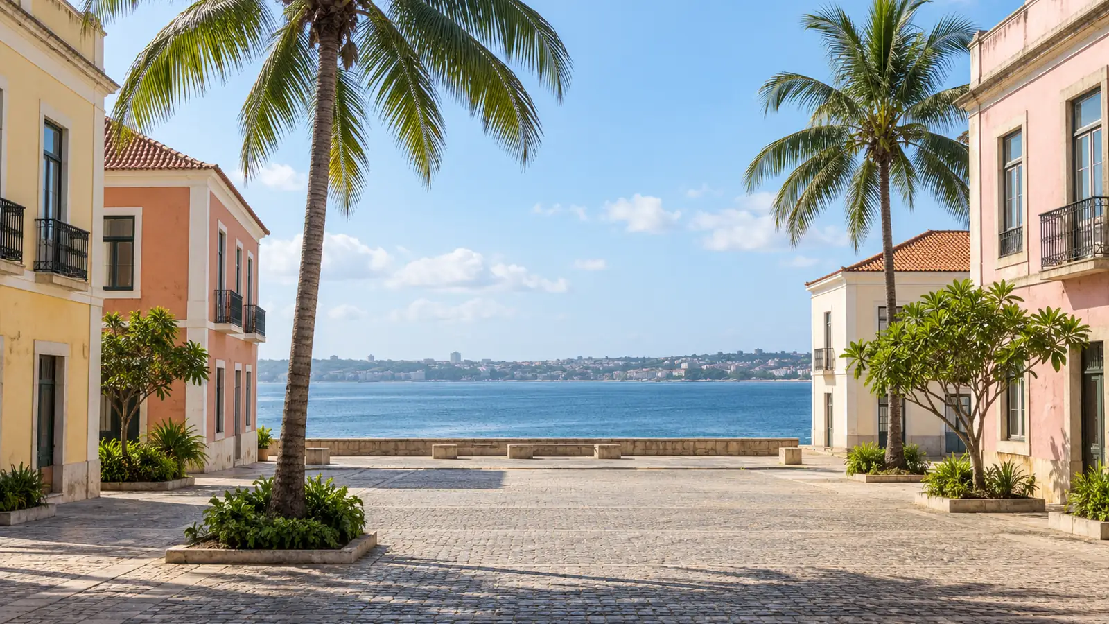 Illustrazione in stile fotografico ispirata a Luanda: una piazza costiera pavimentata con edifici pastello discreti, una palma e acqua blu della baia in una morbida luce del pomeriggio.