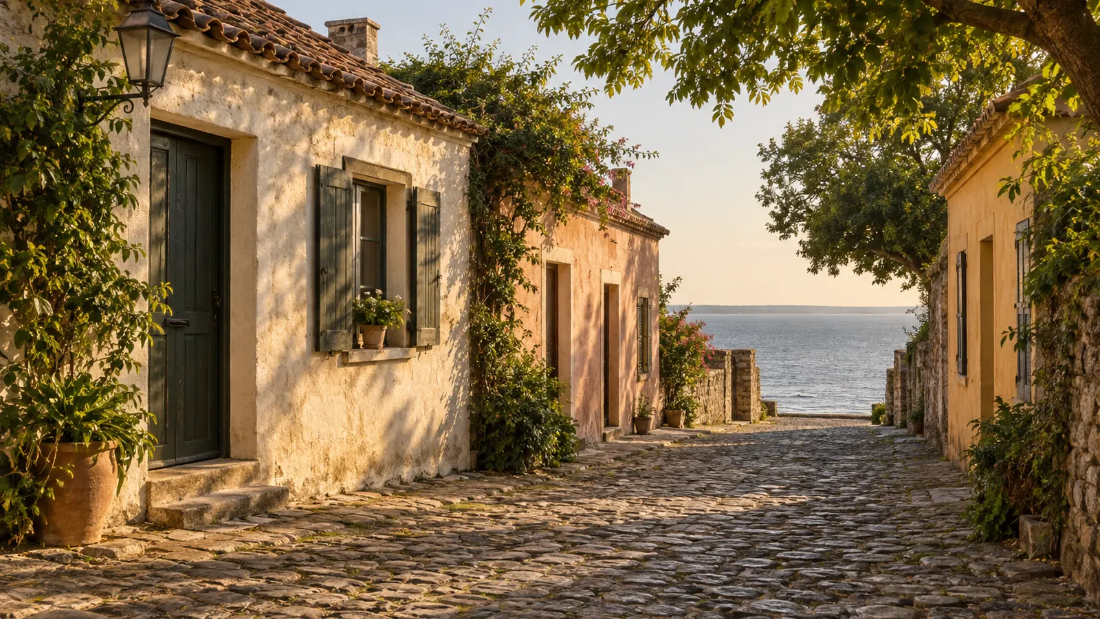 Fotorealistische Illustration nach dem Vorbild von Colonia del Sacramento: eine steingepflasterte Gasse, niedrige verputzte Häuser mit Ziegeldächern und Holzläden, Blätterschatten und ein Blick aufs Wasser.