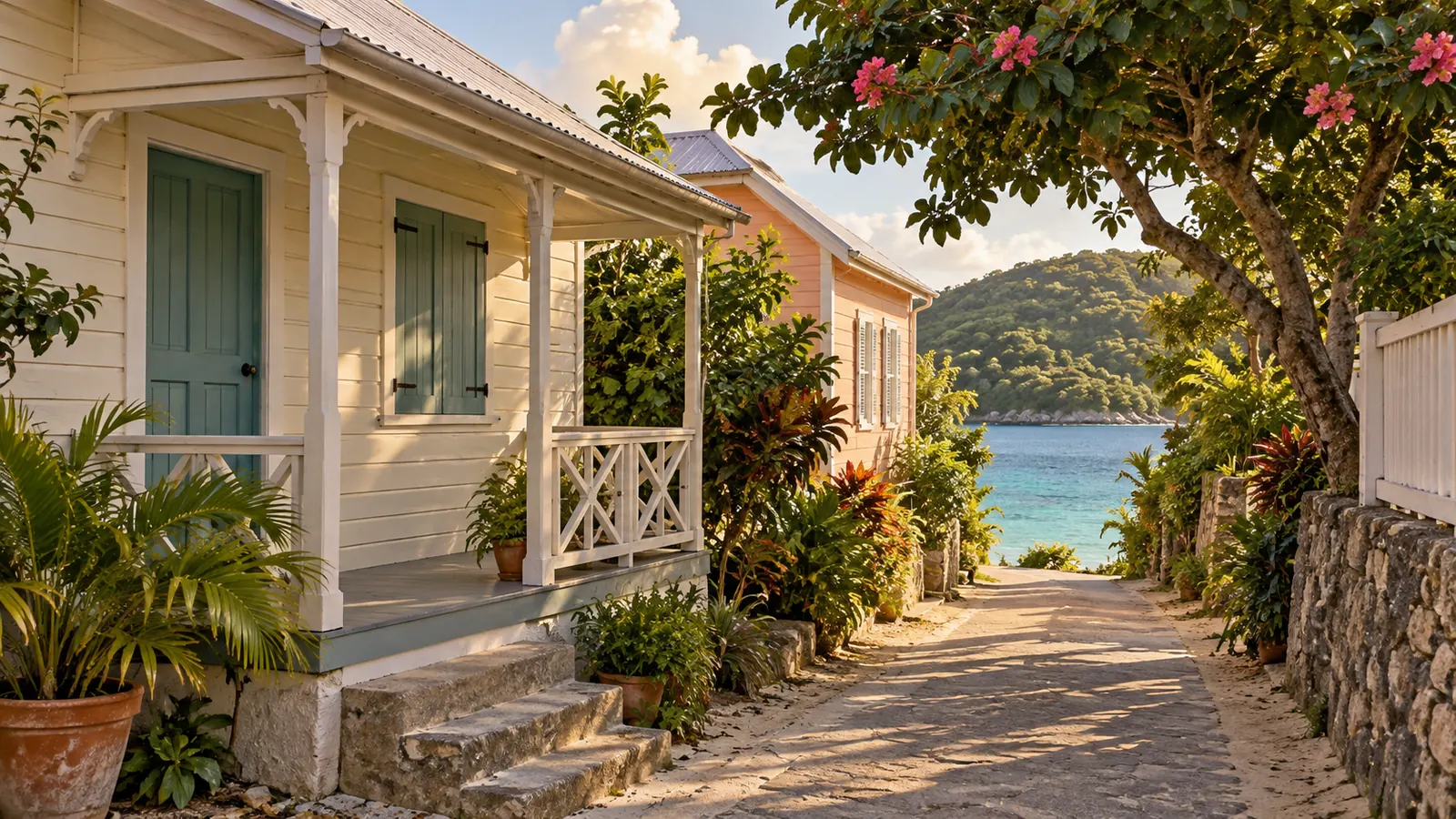 Illustration réaliste inspirée de Bequia : maisons en bois pastel avec volets et véranda, marches de pierre, ruelle pavée ombragée, fleurs roses et baie bleue.