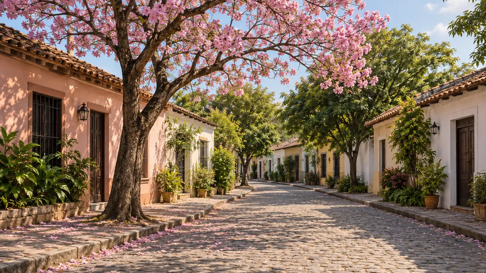 Ilustración realista inspirada en Asunción: una calle empedrada con sombra, casas bajas de tonos pastel con techos de tejas y puertas de madera, un árbol con flores rosas y vegetación bajo una luz cálida.