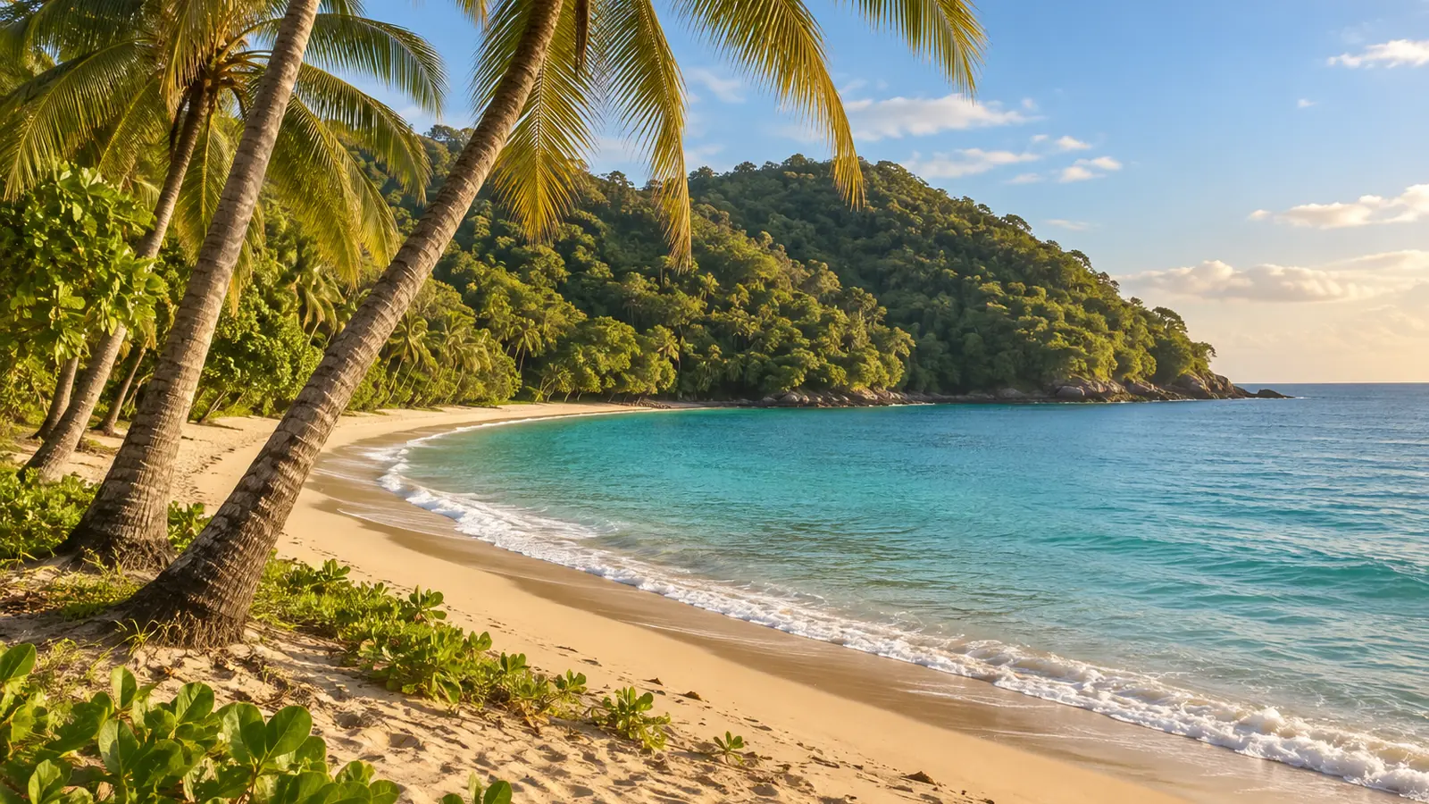 Illustrazione in stile fotografico ispirata a Castara, Tobago: palme accanto a una spiaggia chiara e ricurva, acqua turchese e colline boscose arrotondate in luce calda.