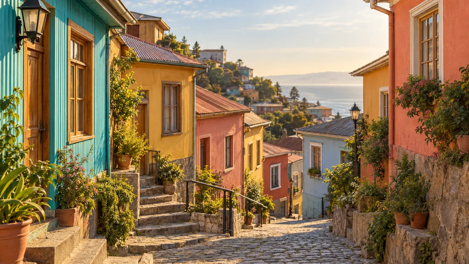 Fotorealistische Illustration nach dem Vorbild von Valparaíso: bunt gestrichene Häuser an einer abschüssigen Pflastergasse, Steinstufen, einfache Geländer und Topfpflanzen im warmen Licht.