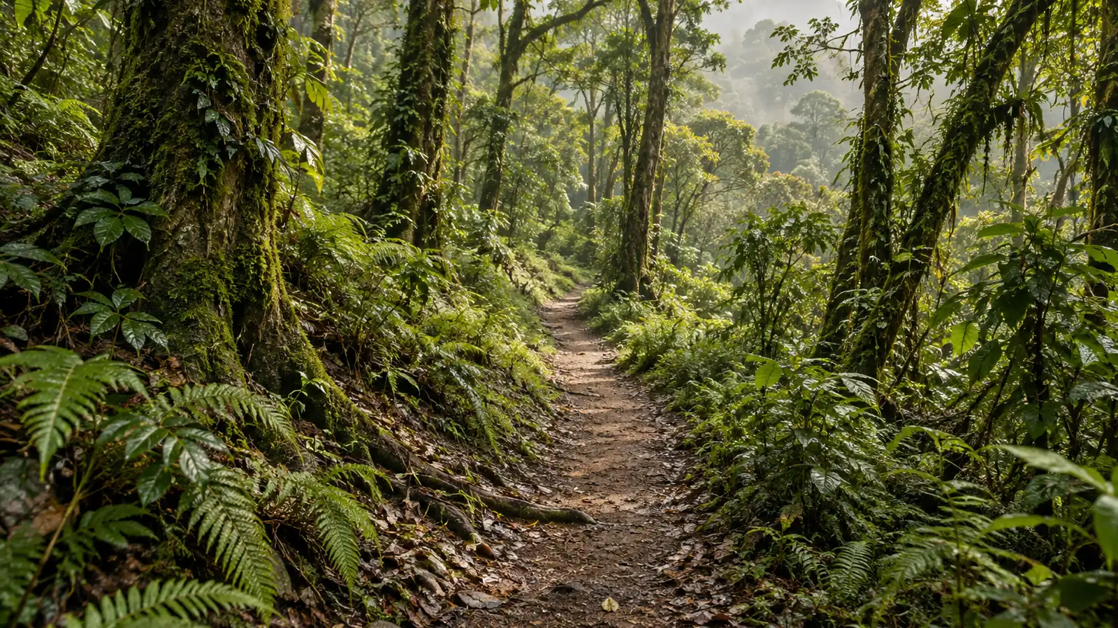 Illustrazione in stile fotografico ispirata a Nyungwe: un sentiero di terra nella foresta tra tronchi coperti di muschio e felci, con fitta vegetazione verde, luce calda filtrata e una leggera nebbia in lontananza.