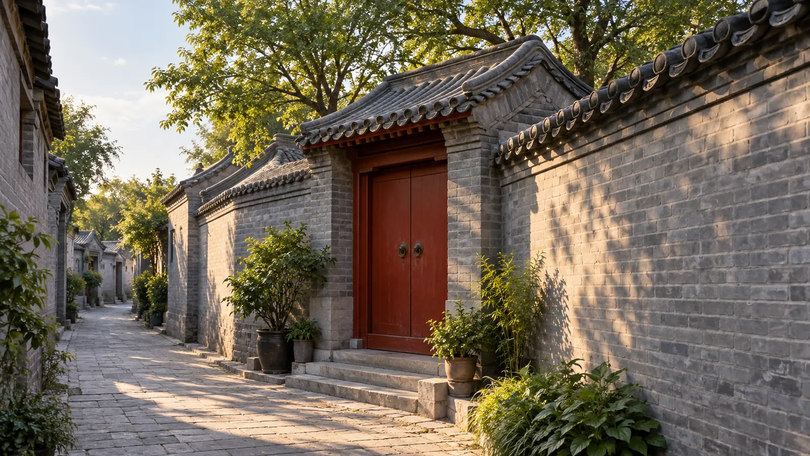 Ilustracja w stylu fotograficznym inspirowana Pekinem: uliczka hutong wybrukowana kamieniem, szare ceglane mury, szare dachy z dachówek, czerwone drewniane drzwi dziedzińca i zielone drzewa w ciepłym świetle.