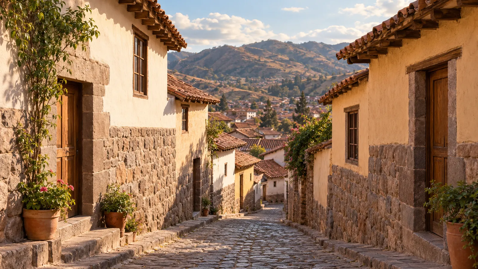 Fotorealistische Illustration nach dem Vorbild von Cusco: eine abschüssige Steingasse zwischen Stein- und hellen Putzfassaden, Holztüren, roten Tonziegeldächern und Topfpflanzen, mit Hügeln im Hintergrund.