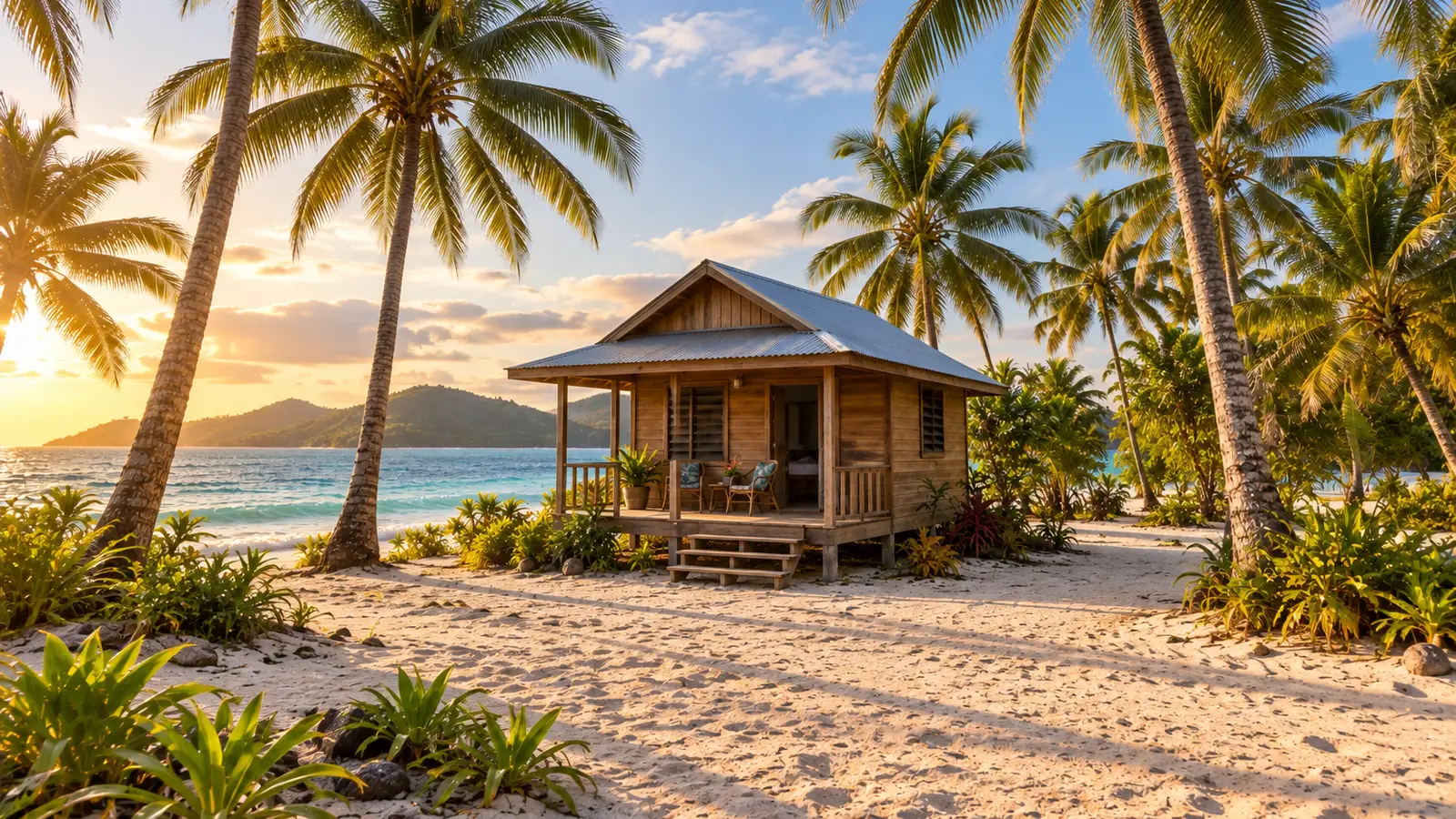 Fotorealistische Illustration, inspiriert von Fidschi: ein Holzbungalow mit schrägem Wellblechdach zwischen Kokospalmen, neben einem Sandstrand und türkisfarbenem Wasser.