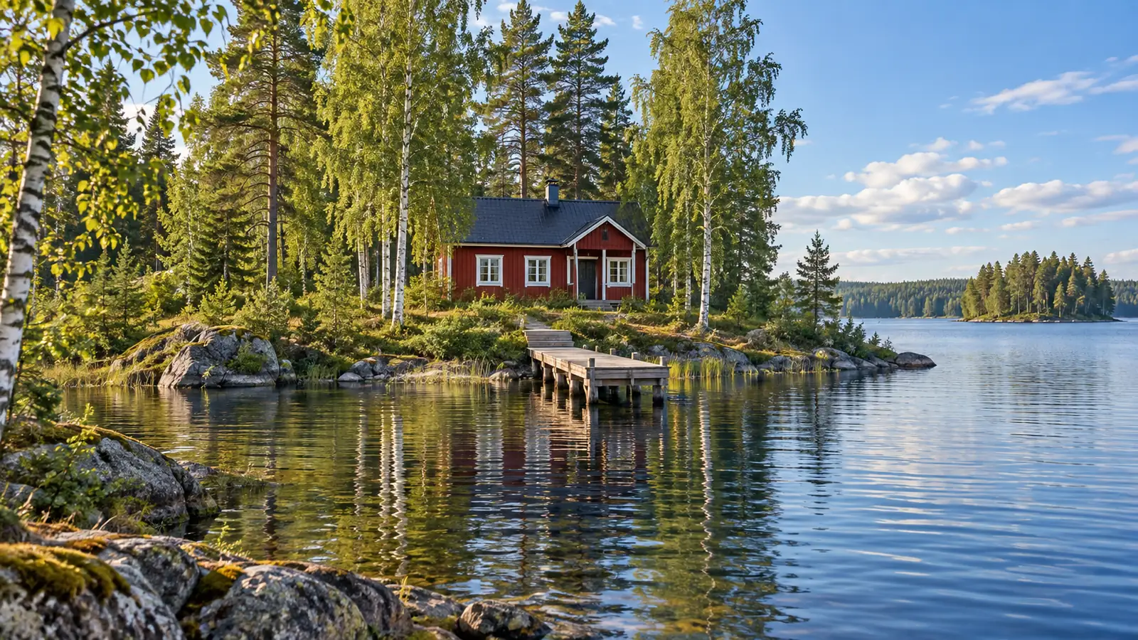 Illustrazione di una casetta di legno rossa tra betulle e conifere, sulla riva di un lago finlandese, con un pontile di legno sull'acqua.
