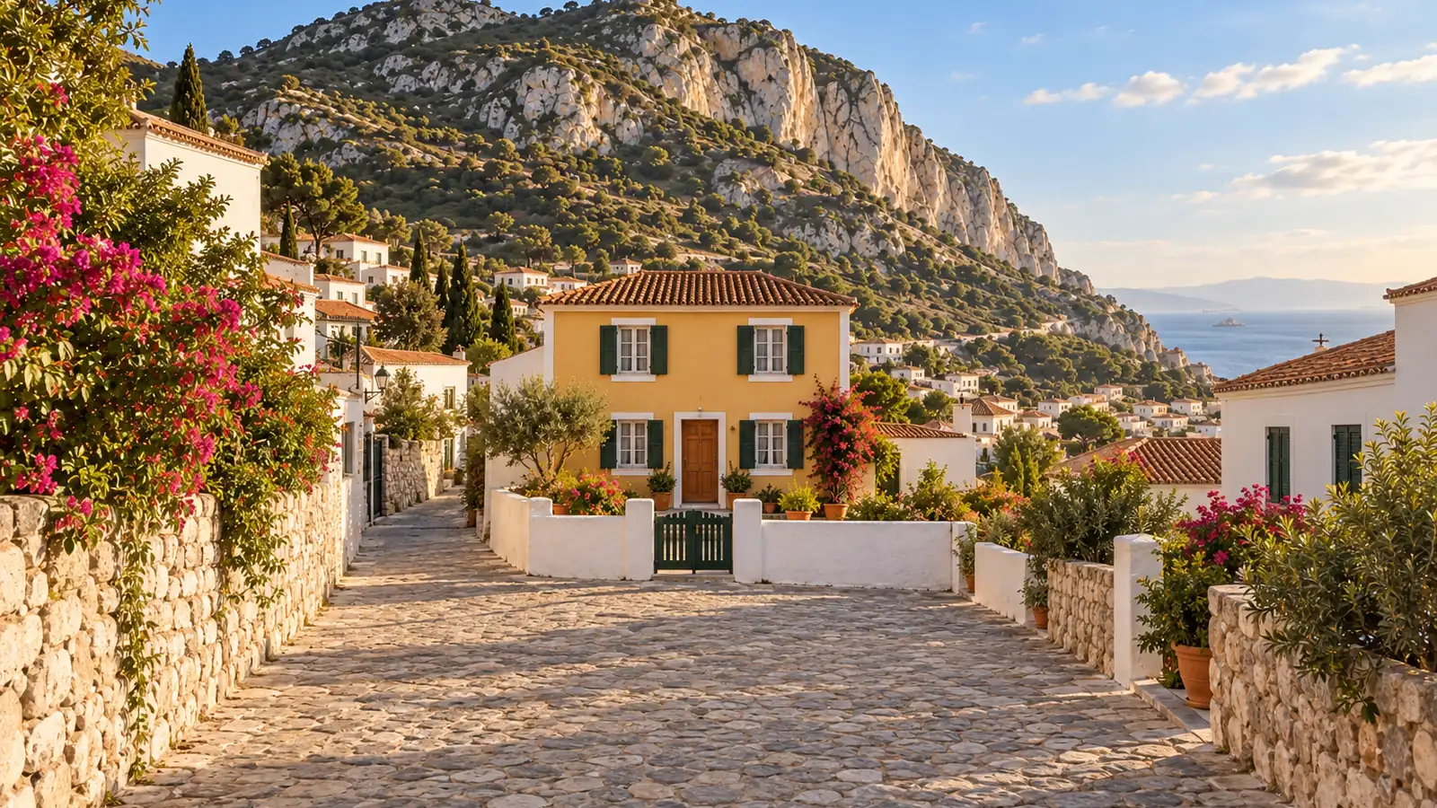 Ilustración realista inspirada en Gibraltar: una casa ocre con contraventanas verdes y tejado de tejas, muros de patio blancos, una calle de piedra y una cresta caliza con matorral al fondo.