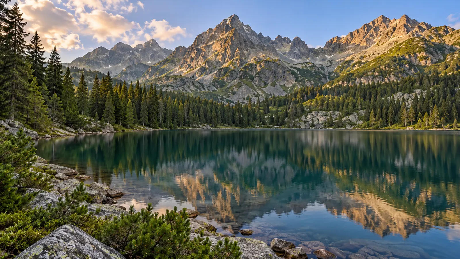 رسم شبيه بالصورة مستوحى من جبال High Tatras في سلوفاكيا: بحيرة جبلية هادئة تعكس غابة صنوبرية وقممًا صخرية وعرة في ضوء دافئ.