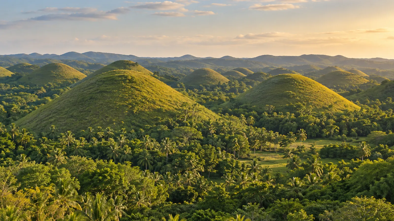 Fotorealistische Illustration, inspiriert von Bohol: rundliche, grasbewachsene Hügel über tropischen Bäumen und Kokospalmen im warmen Licht des späten Nachmittags.