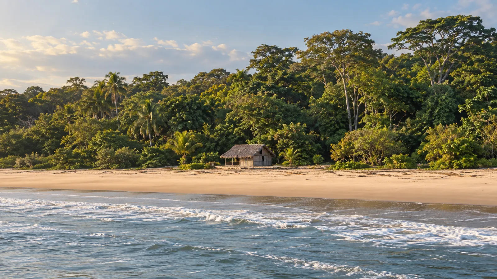 Illustration réaliste inspirée de la République du Congo : une plage de sable, de petites vagues, une forêt tropicale et une cabane en bois dans une lumière chaude.