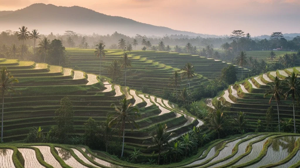 Terraços de arroz de Bali sob a luz da manhã