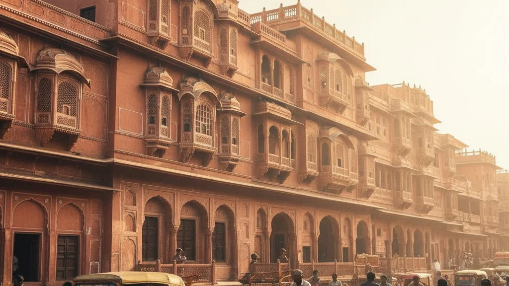 Rua de Jaipur com prédios de arenito rosa e riquixás