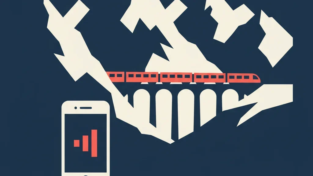 Ilustração de picos alpinos e um trem vermelho de montanha em um viaduto, com um celular mostrando sinal de celular