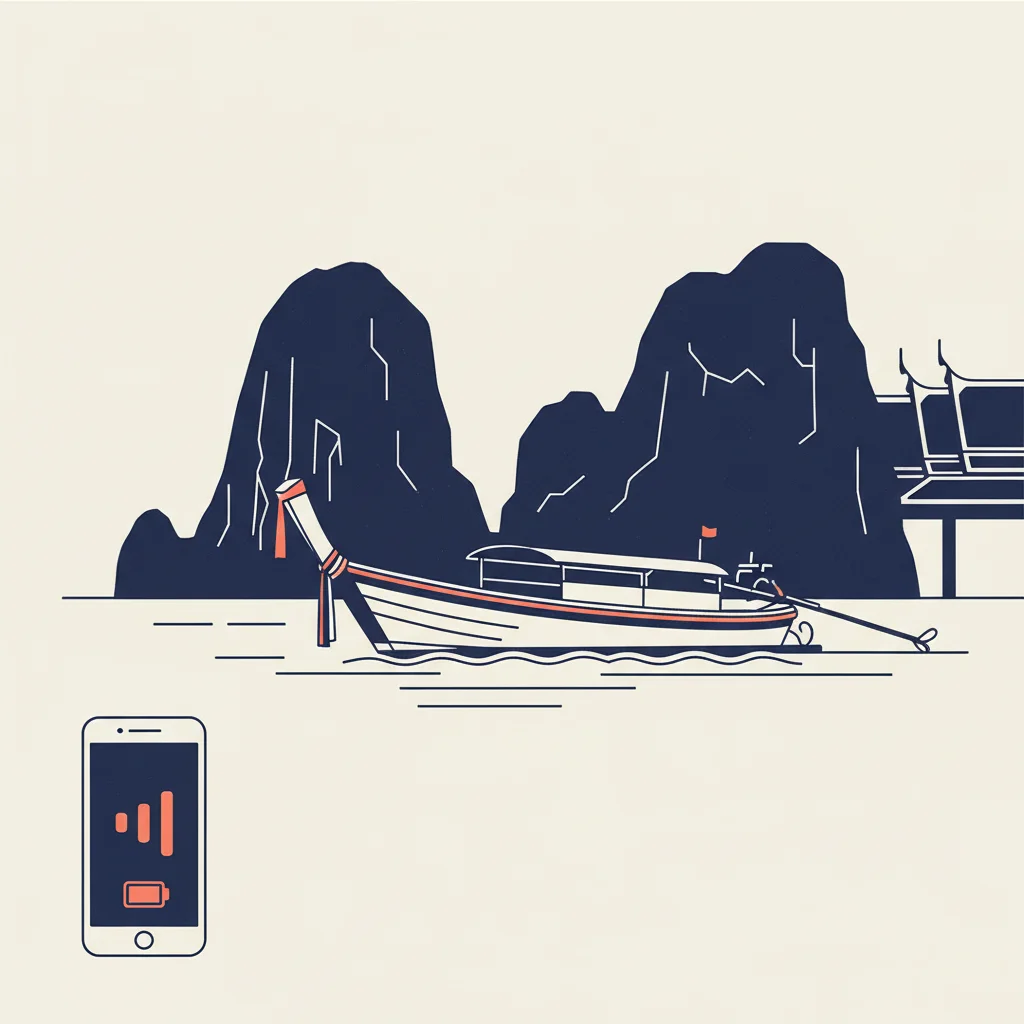 Ilustração de um barco longtail tailandês em frente a ilhas de calcário e um celular mostrando sinal de celular