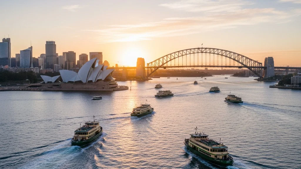 Baía de Sydney com balsas e a Casa de Ópera ao amanhecer