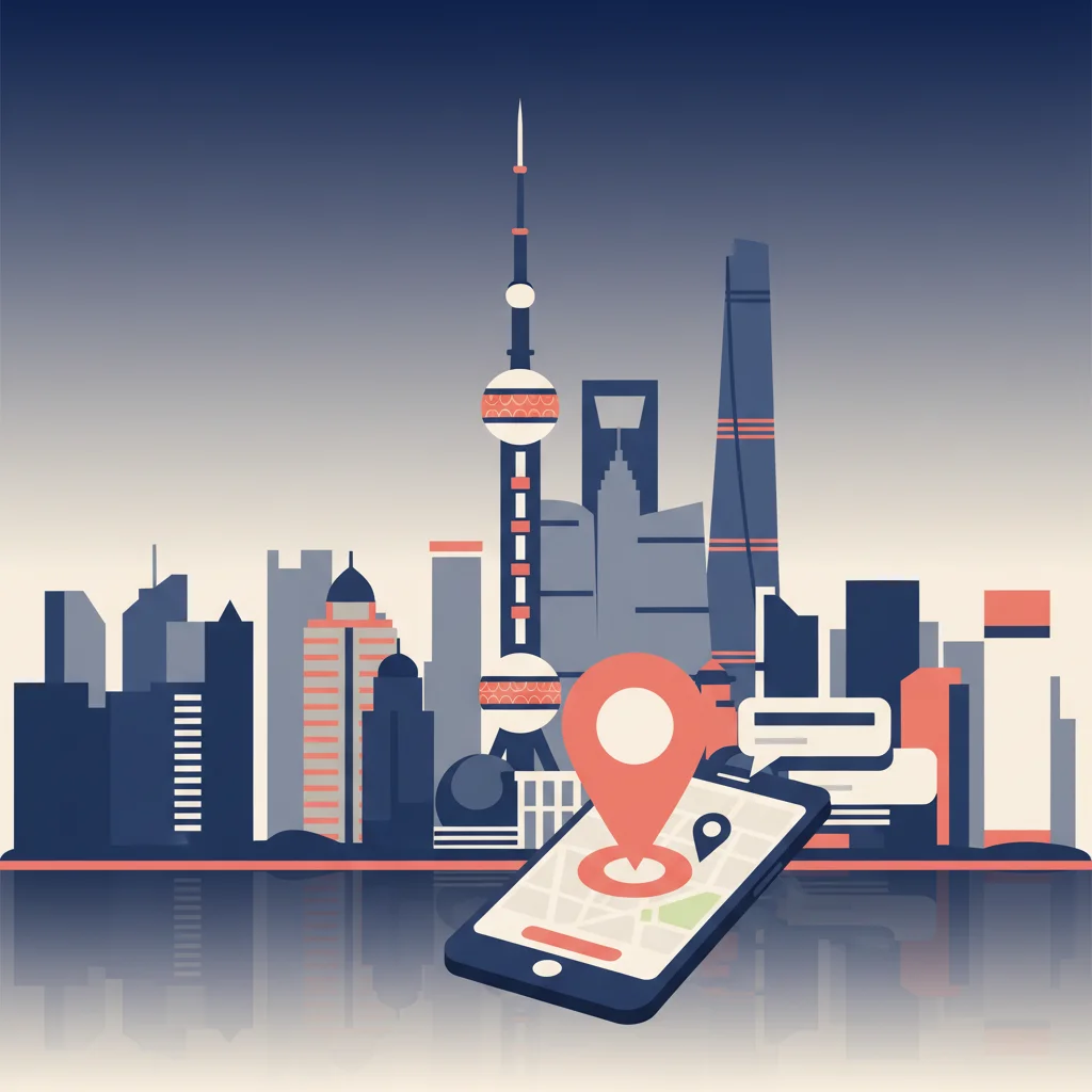 Ilustração do skyline de Xangai com um celular mostrando um marcador de mapa e balões de chat