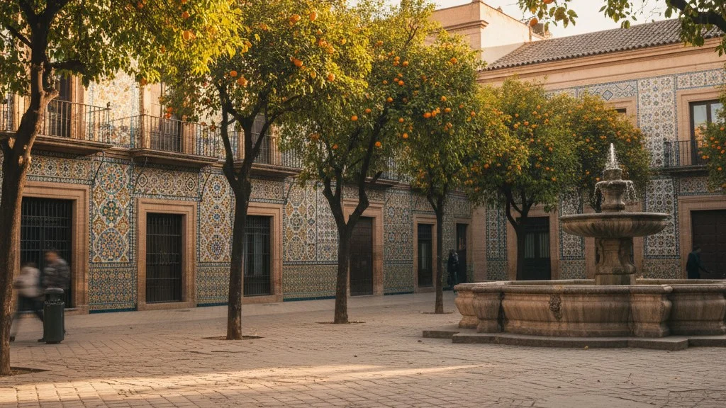 Praça ensolarada em Sevilha com laranjeiras e fachadas de azulejos