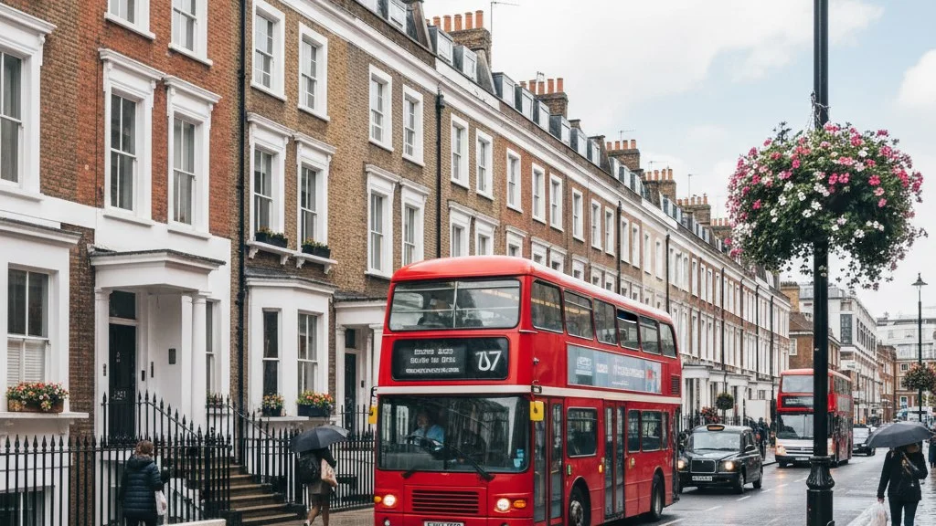 Rua de Londres com casas geminadas de tijolo vermelho e um ônibus vermelho de dois andares