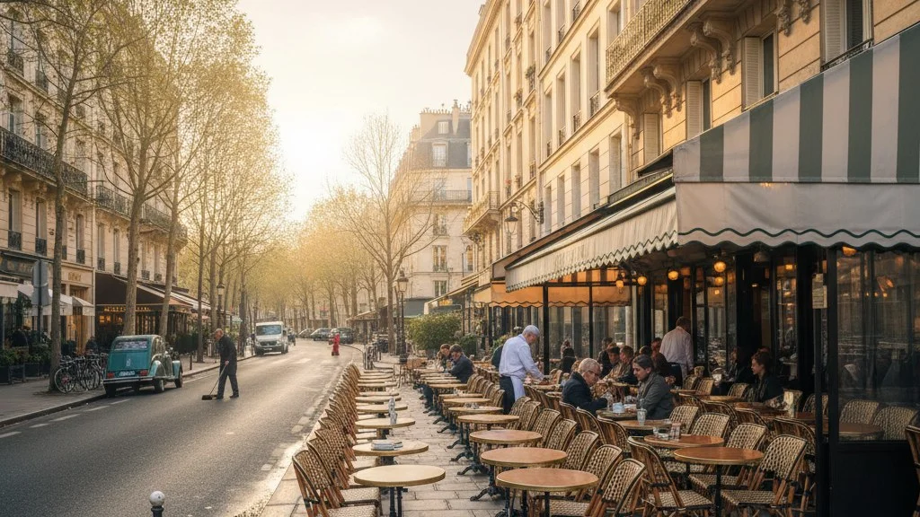 Rua de Paris com prédios estilo Haussmann e terraço de café na luz da manhã
