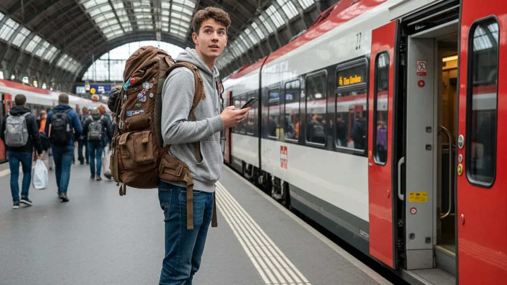 Estudante de intercâmbio com mochila checando o celular em uma plataforma da estação central de Zurique