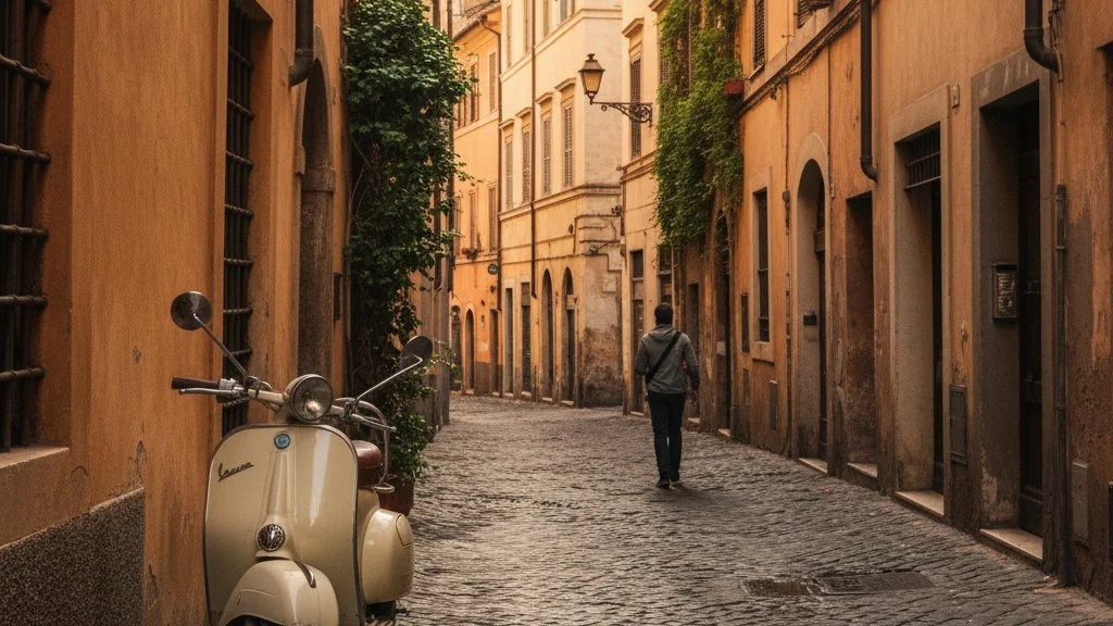Rua tranquila de paralelepípedos em Roma, com muros ocre e uma lambreta estacionada