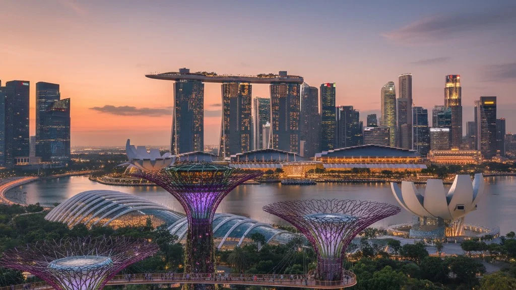 Skyline de Singapura na Marina Bay com jardins ao entardecer