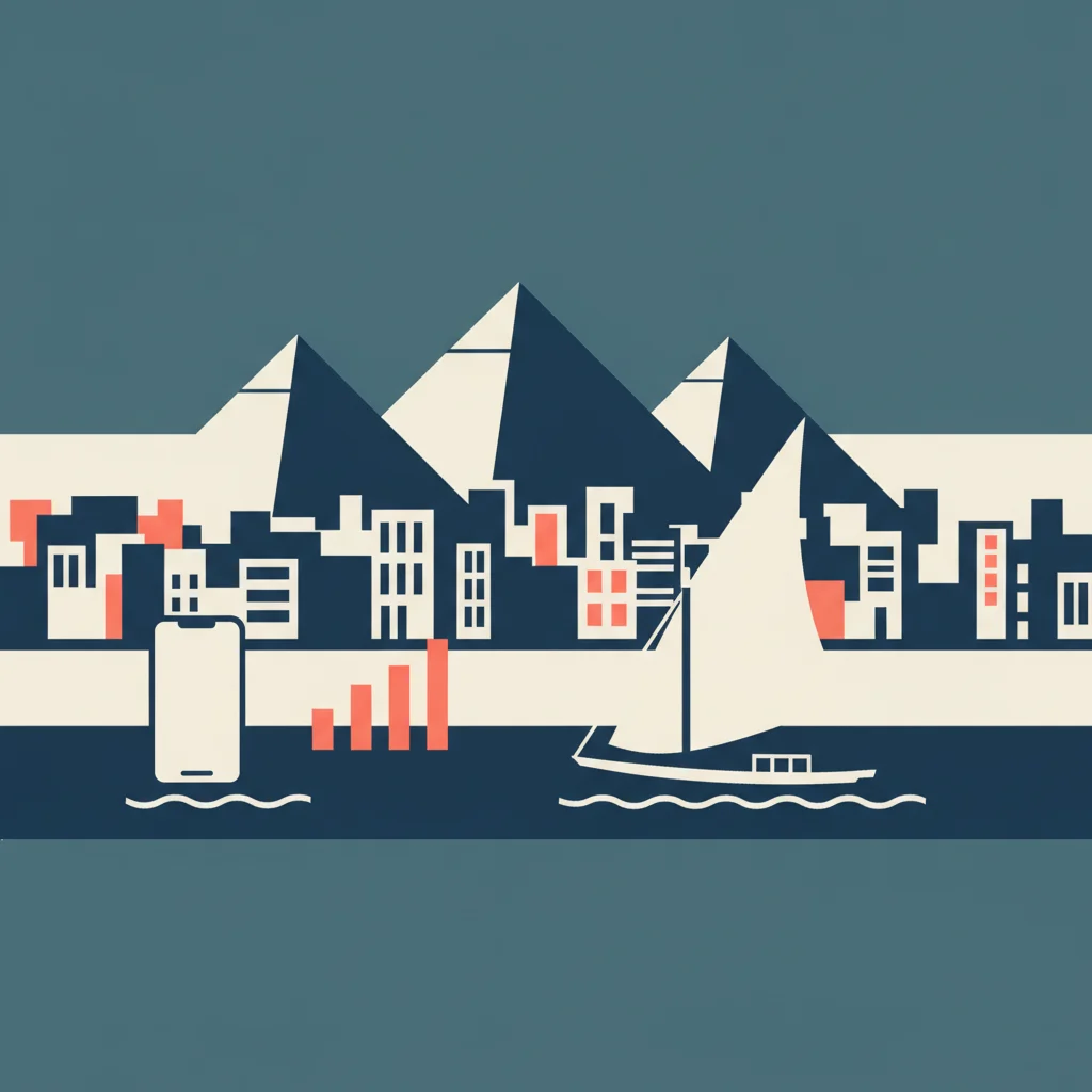 Ilustração das pirâmides de Gizé acima do Cairo, com uma felucca no Nilo e um celular mostrando sinal móvel
