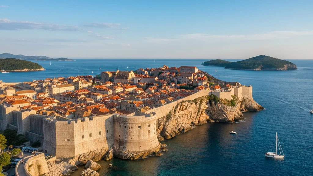 Muralhas da cidade velha de Dubrovnik e telhados laranjas acima do mar Adriático