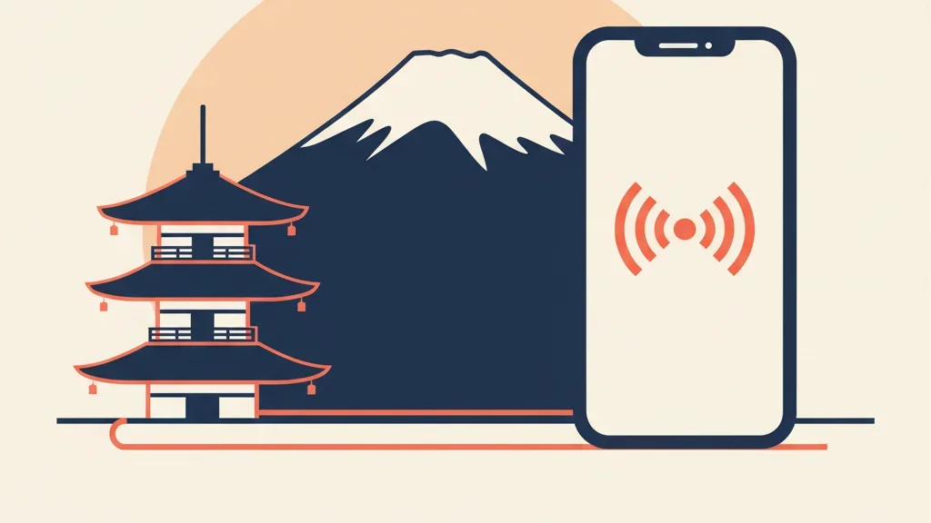 Ilustração do Monte Fuji e de um pagode, com um celular mostrando sinal móvel