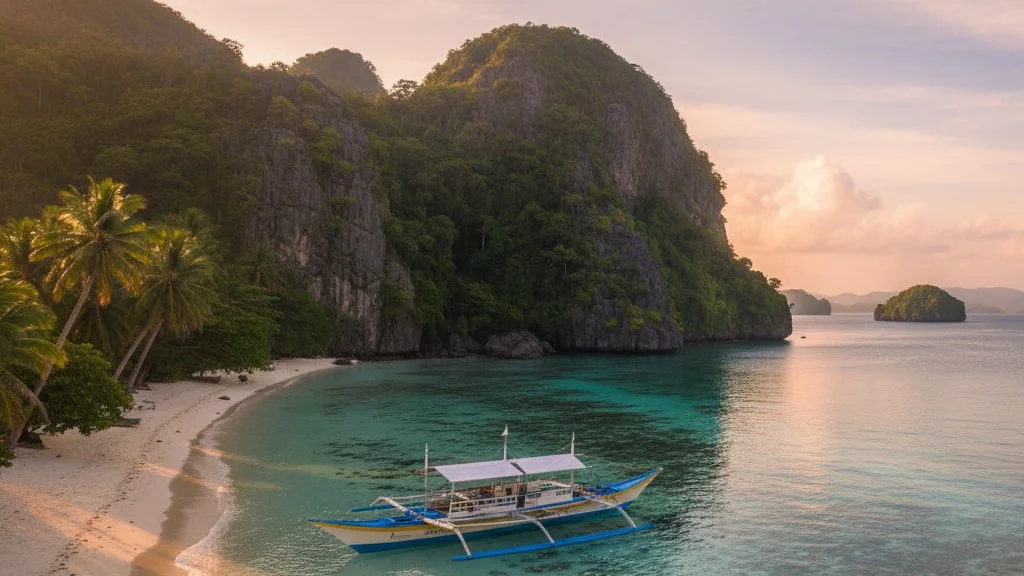 Praia de Palawan com falésias de calcário e um barco bangka de madeira