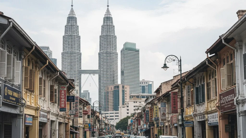 Rua de Kuala Lumpur com casas comerciais e as Torres Petronas ao fundo