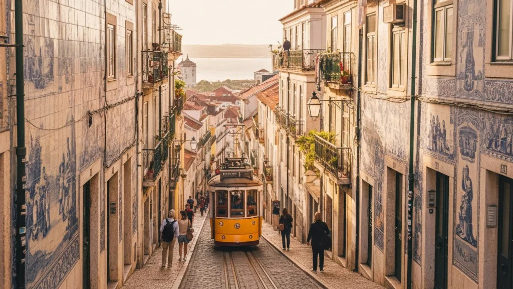 Rua de Lisboa com fachadas de azulejos e um bonde amarelo numa ladeira